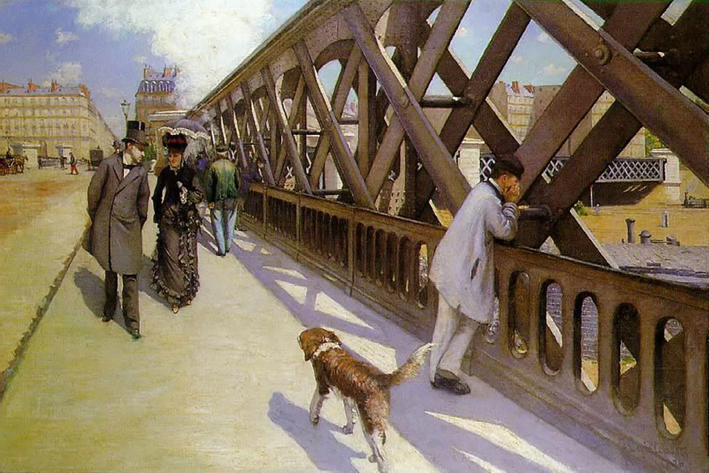 A man and woman walk across a large iron bridge in Paris, with railway tracks and a dog in the background, painted by Gustave Caillebotte in 1876
