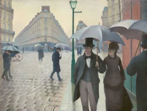A Parisian couple with umbrellas walking on a wide cobblestone street in the rain, painted by Gustave Caillebotte in 1877