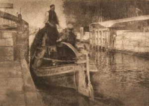 Photogravure by George Davison titled “A Thames Locker,” showing figures on a canal boat, printed on Japanese tissue with a soft impressionist texture.